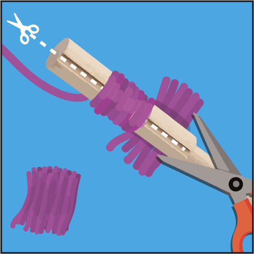 Scissors cutting yarn wrapped around a yarn cutter guide.