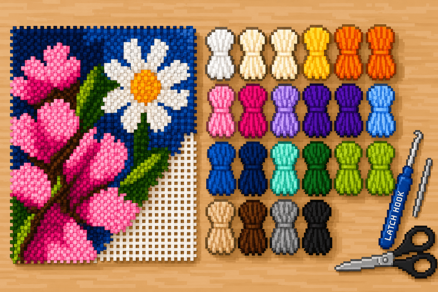 Latch hook canvas, yarn, tools, pattern, and instructions arranged on a tabletop