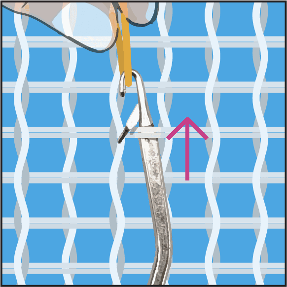 Step 1: inserting the latch hook under the double thread of the canvas.