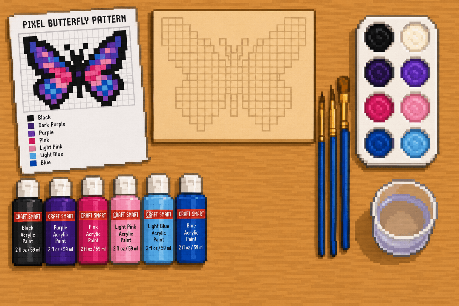 Paint blocks, acrylic paint, brushes, palette, and butterfly pattern arranged on a tabletop