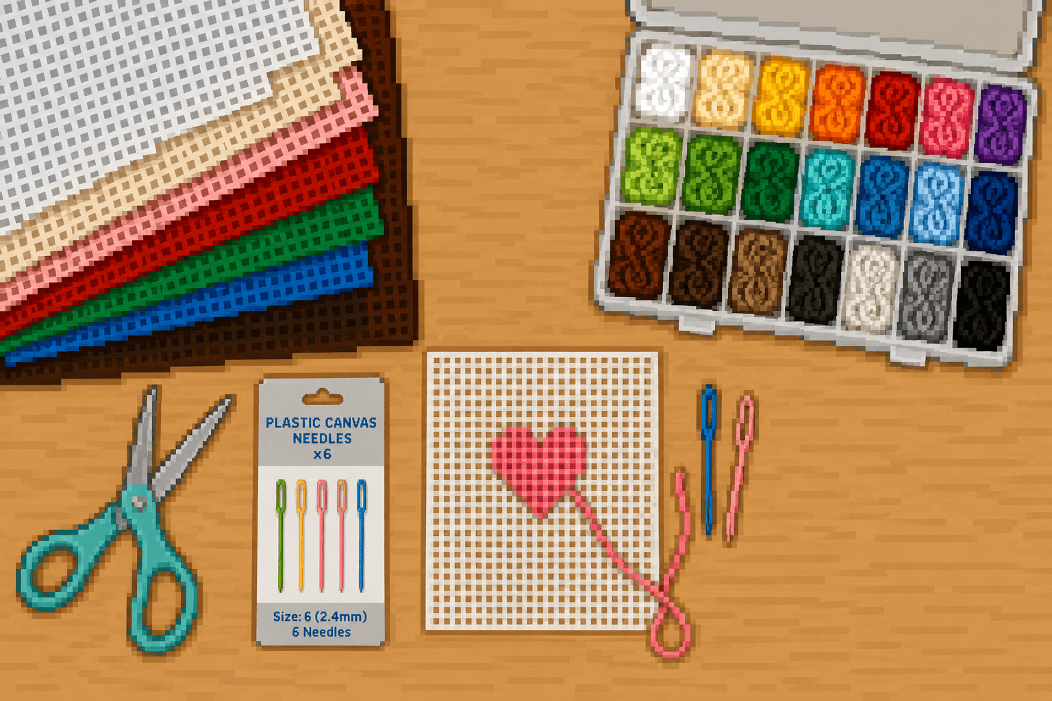 Plastic canvas tools, yarn, needles, and sample stitched projects